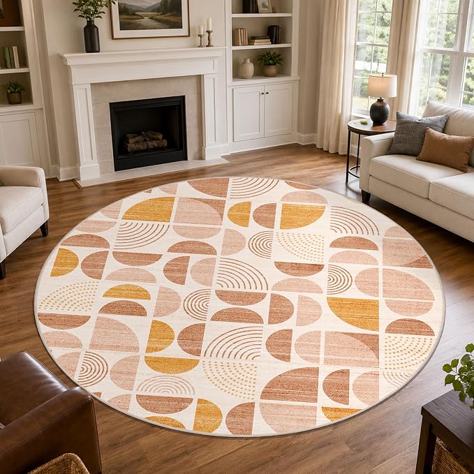 MUJOO Round Rugs 9ft,Circle Area Rug Washable,Circular Rugs for Living Room Dining Room,Large Boho Non Slip Throw Floor Carpet Modern Abstract Bohemian Orange