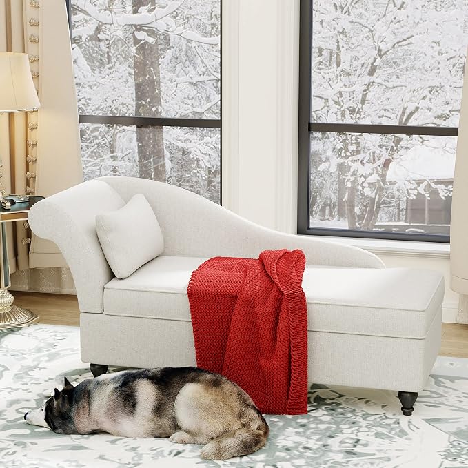 Storage Chaise Lounge Indoor, Linen Upholstered Chaise Lounge Chair with Storage for Bedroom Living Room Office Beige Fabric (Left Armrest)