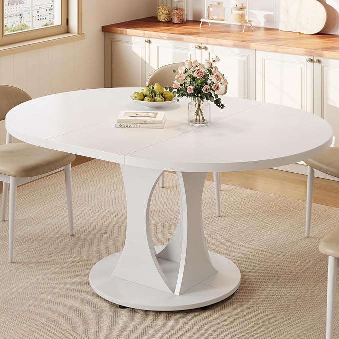 Einhomn 59" Extendable Round Dining Table for 6-8, Kitchen Table with Sturdy Double Arc Base & Backboard Clasp Desktop, Mid-Century Modern Dinner Table, Kitchen Dining Room, Space Saving, White