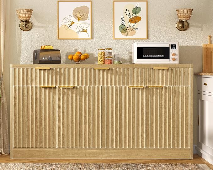 usikey 55” Large Buffet Cabinet with Storage & Drawers, Sideboard Cabinet with 2 Adjustable Shelves & 4 Doors, Coffee Bar Station, Kitchen Storage Cabinets, Natural