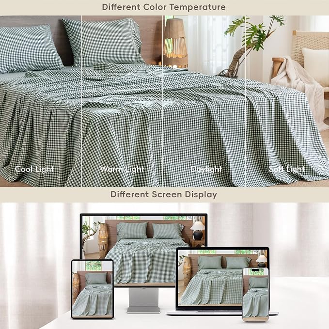 MooMee Gingham Sheet Set 100% Washed Cotton Linen Like Textured Breathable Soft w/Fully Elasticized 16-19" Deep Pocket (Mini Gingham Forest Green, Queen)