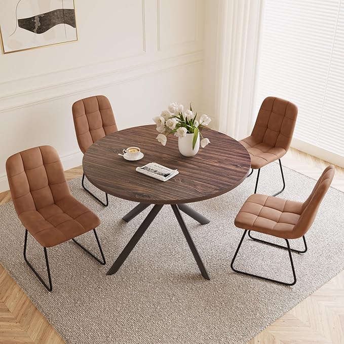 HIPIHOM 45.3 Inch Round Dining Table Set for 4, Mid Century Modern Small Coffee Set for Dining Room Kitchen Apartment (Dark Walnut Table + 4 U-Shaped Brown Chairs)