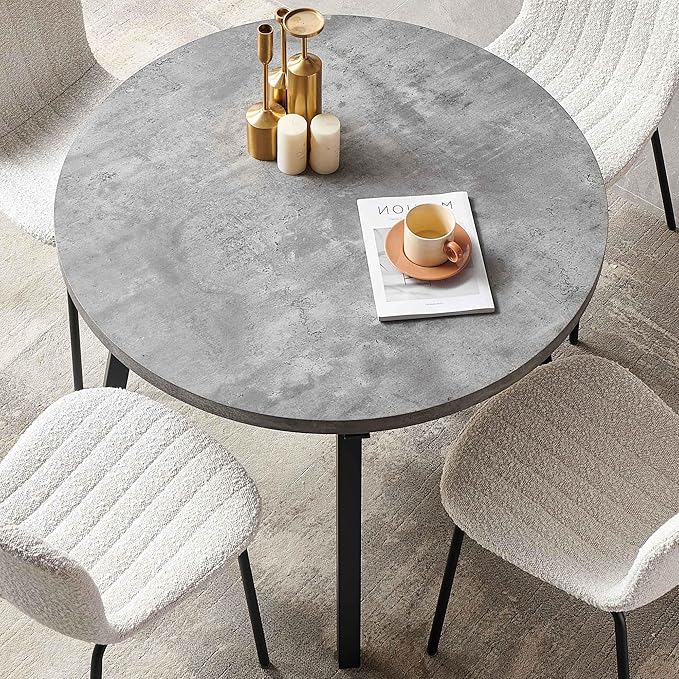 NORDICANA 4-Person Round Dining Table Set for Small Spaces, Industrial Style 37.4 Dia Grey Engineered Wood Kitchen Table with Boucle Dining Side Chairs, Biege,