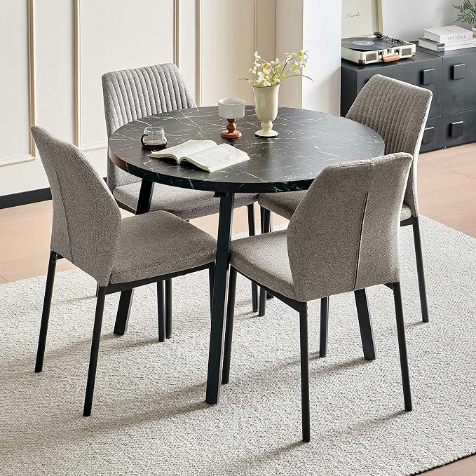 Dining Chairs Set of 4, Light Brown Linen Fabric Dining Chairs, Comfortable Upholstered Armless Kitchen Chairs with Black Metal Legs for Living Room, Dining Room, Kitchen
