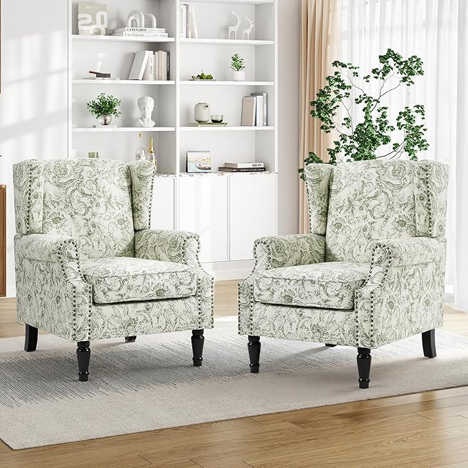 Pia Ricco High Back Floral Accent Chair - Retro Wingback Upholstered Armchair with Nailhead Trim, Solid Wood Legs, Fabric Living Room Bedroom Reading Chair (Plants Green)