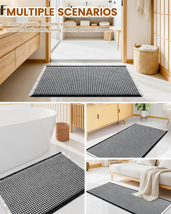 Smiry Waffle Bath Mat 24x16, Extra Soft Absorbent Bathroom Rugs, Non Slip Machine Washable Quick Dry Bath Rugs for Bathroom Floor, Tub, Shower, Home Decor Accessories, Black & Cream