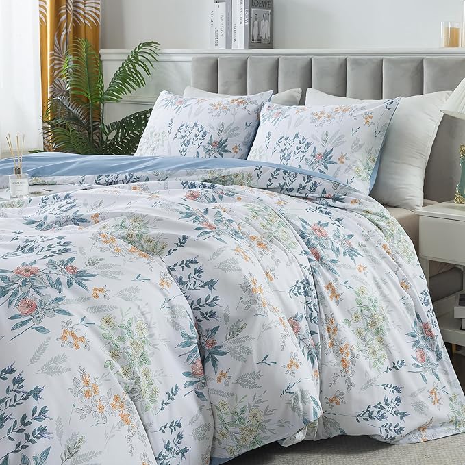 HoneiLife Floral Duvet Cover King - 100% Cotton Comforter Cover, Wildflower Bedlinen Set with Zipper Closure & Corner Ties, Botanical Comforter Cover Sets 3-pcs