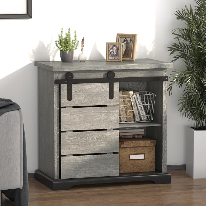 NSdirect Sideboard Coffee Bar Cabinet,Modern Farmhouse Buffet Station Sliding Barn Door Storage Credenza Console with Slat and Shelf Entryway Storage Cabinet Kitchen Dining Living Room, White