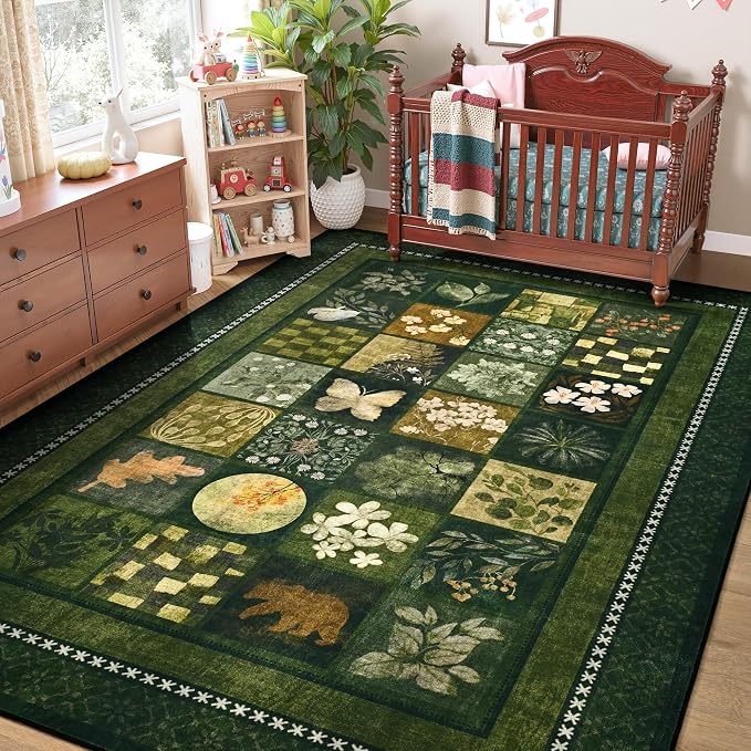 Tepook 8x10 Area Rugs for Living Room, Modern Large Geometric Rug for Bedroom, Washable Patchwork Rug Indoor Non Slip Throw Carpets for Dining Room Office Farmhouse Home Decor, Dark Green