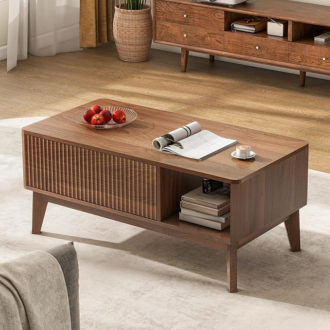 LYNCOHOME Fluted Lift Top Coffee Table with Storage, Modern Coffee Table for Living Room, Home Office(Walnut)