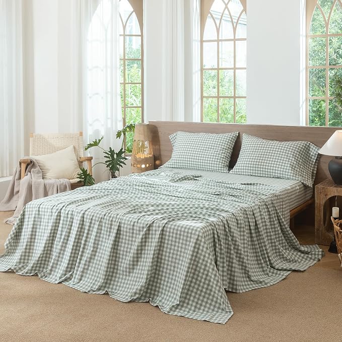 MooMee Gingham Sheet Set 100% Washed Cotton Linen Like Textured Breathable Soft w/Fully Elasticized 16-19" Deep Pocket (Classic Gingham Sage Green, Queen)