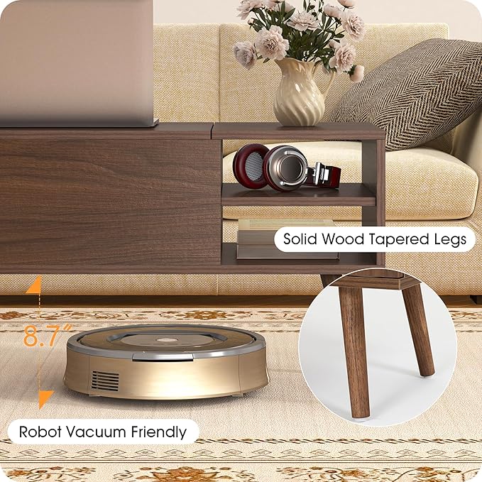 ALINE FURNITURE Walnut Brown Coffee Table Lift Top - Mid Century Modern Coffee Table with Wooden Legs, Hidden Storage Compartment & Open Shelves - 40" Wood Coffee Tables for Living Room & Small Space