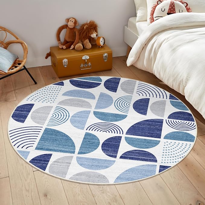 MUJOO Round Rugs 5ft,Circle Area Rug Washable,Circular Rugs for Living Room Dining Room,Boho Non Slip Throw Floor Carpet Modern Abstract Navy Blue