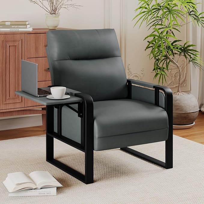 Alunaune Upholstered Living Room Chair Armchair, Mid Century Faux Leather Metal Accent Chair, Reception Couch Slipper Club Lounge Chair Guest Comfy Single Sofa with Sidetable for Bedroom-Dark Grey