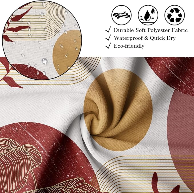 Red and Gold Shower Curtain Burgundy Dark Red and White Shower Curtains for Bathroom Decor Abstract MCM Bath Curtain Set, Waterproof Fabric with Hooks 70 x 72 Inch