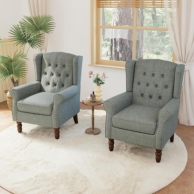 Accent Chairs Set of 2, High Back Upholstered Chair with Button Tufted, Mid-Century Modern Comfy Wingback Chair Reading Armchair in Fabric for Living Room for Bedroom, Office-Gray