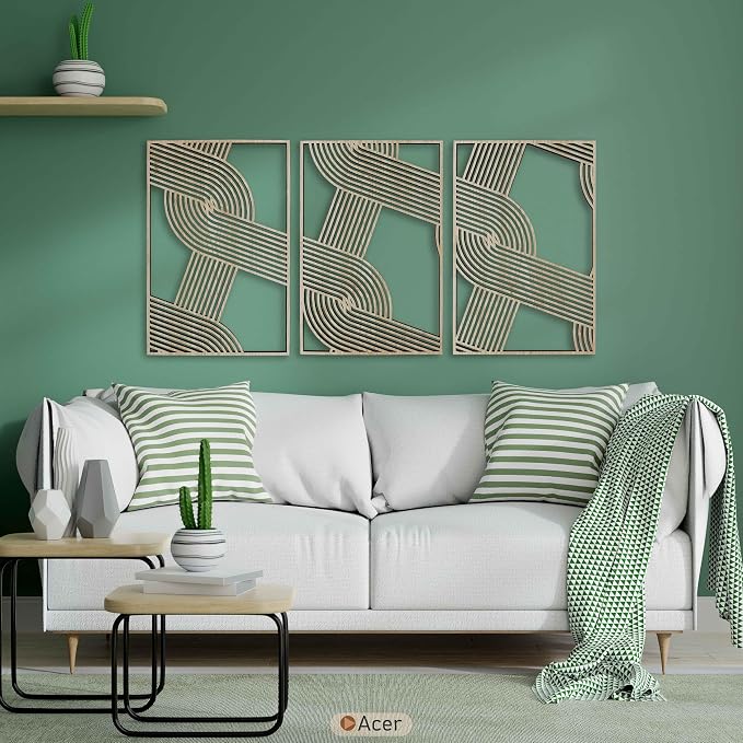 Abstract Wood Wall Art Set of 3, Geometric Overlapping Stripe Pattern, Large Mid Century Modern Wooden Panels, Minimalist Home Decor Gift