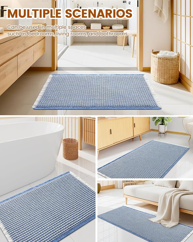 Smiry Waffle Bath Mat 24x16, Extra Soft Absorbent Bathroom Rugs, Non Slip Machine Washable Quick Dry Bath Rugs for Bathroom Floor, Tub, Shower, Home Decor Accessories, Blue & Cream