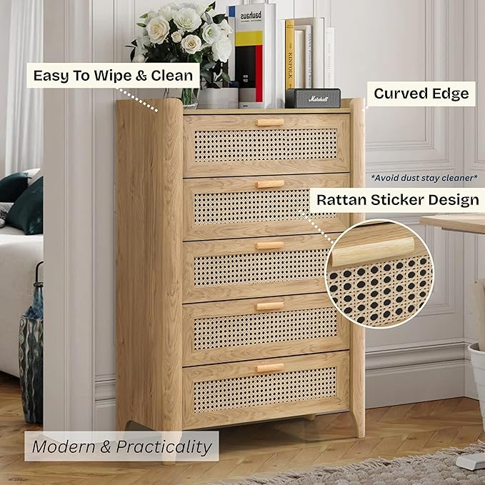 ELISA HOME Rattan-Inspired 5 Drawers Dresser for Bedroom, 47.2" Tall Dressers, Wood Drawer Organizer for Clothes, Entryway, Hallway, Nursery or Living Room, Oak