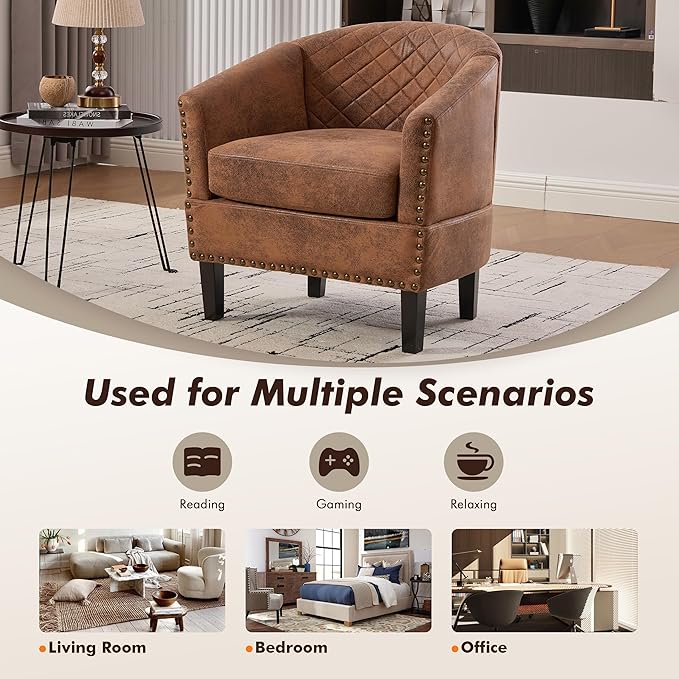 QQU Barrel Accent Chair, Retro PU Leather Club Chair with Nail-Heads, Upholstered Armchair for Living Room, Bedroom, Waiting, Office (Coffee)