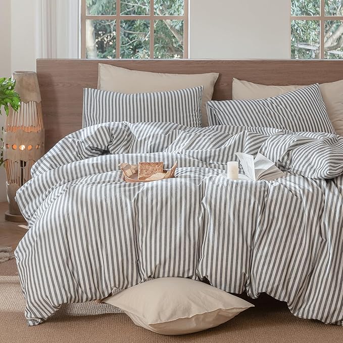 MooMee Striped Duvet Cover Set 100% Washed Cotton Linen Like Textured Breathable Durable Soft Comfy (Dark Grey White Classic Stripes, Super Queen 90"x98")