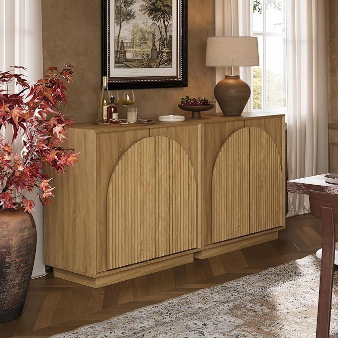 win2win Fluted Sideboard Buffet Cabinet with Storage, 31.5" Modern Boho Accent Cabinet with Double-Layered Arch Doors, Small Wood Console Credenza for Living Room, Dining Room, Entryway, Oak, 3PCS