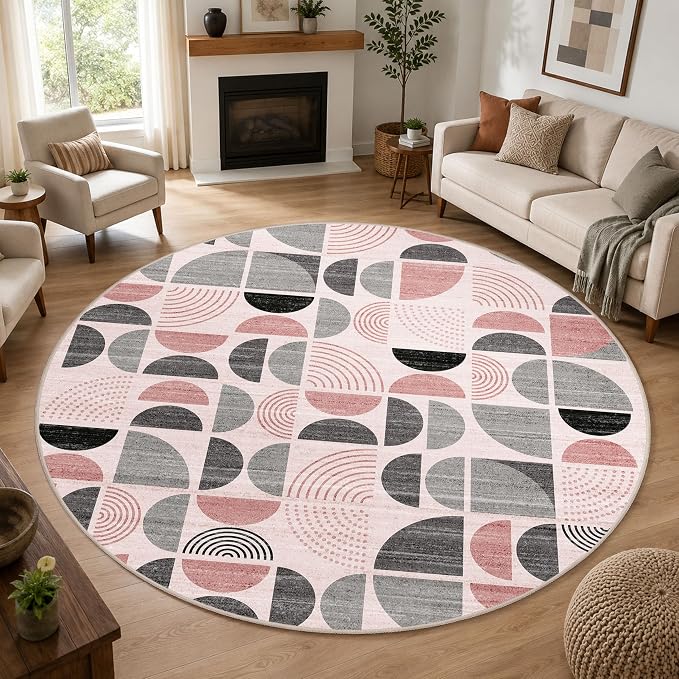 MUJOO Round Rugs 9ft,Circle Area Rug Washable,Circular Rugs for Living Room Dining Room,Large Boho Non Slip Throw Floor Carpet Modern Abstract Pink and Grey