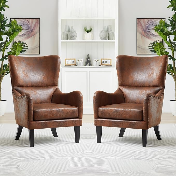 Mid-Century Modern Wingback Chairs Set of 2, Accent Club Chair with Nailhead Trim, 2 Piece Faux Leather Armchair Sofa for Living Room Single Sofa Armchair Office