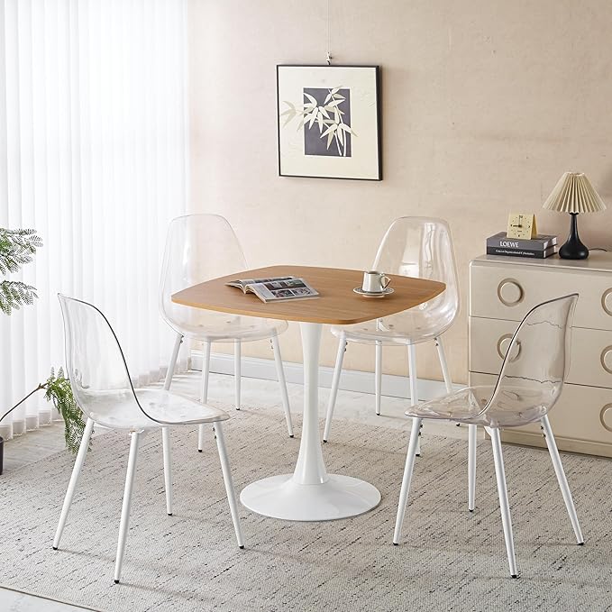 31.5 inches Square Dining Table for 4, Natural Special Kitchen Table with Tulip Shape & Metal Pedestal Base, Mid Century Modern Bistro Tulip Table for Kitchen, Small Space, Cafe