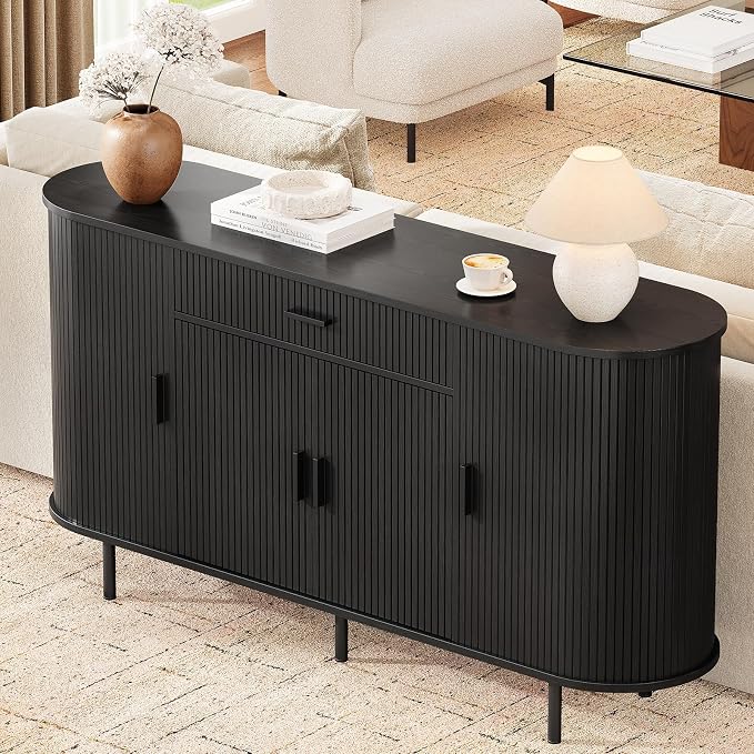 ONBRILL 63“ Sideboard Buffet Cabinet with Storage, Sideboard with 1 Drawer & 2 Door Shelves, Mid-Century Modern Kitchen Cabinets with Sliding Door, Coffee Bar Cabinet for Kitchen, Living Room, Black