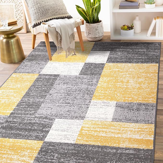 Rugshop Oslo Modern Yellow Area Rug, Geometric Boxes Design, Carpet with Jute Backing for Living Room or Bedroom, 7'10" x 10'