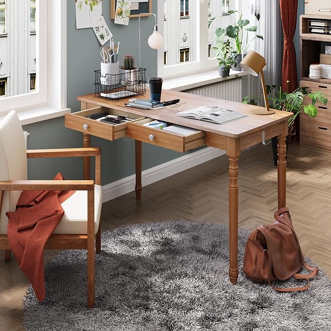 White Solid Wood Desk with 2 Drawers, 47" Mid Century Modern Desk,Wooden Writing Desk Computer Table for Home, Office, Bedroom, Living Room