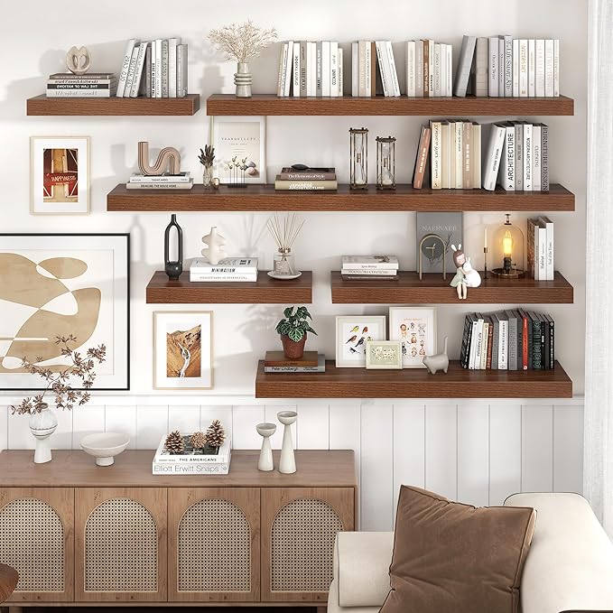 Floating Shelves for Wall, 48 Inch Wide x 12 Inch Deep Floating Shelves, Long Wood Floating Wall Shelf Shelves for Living Room Bathroom Bedroom Kitchen Home - (Walnut, 48" W x 12" D x 2" H)