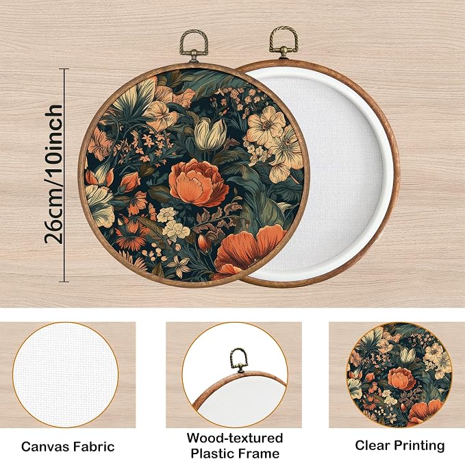 KSDUT Aesthetic Flower Dark Wall Art Decor - Botanical Neutral Mid Century Modern Wall Art Canvas Frame Hanging Prints, Vintage Landscape Round Wall Art Decor for Home Decorations 10"x10"
