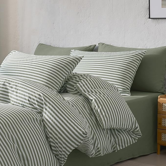 JELLYMONI Striped Duvet Cover Set - King Size Comforter Cover, Classic Green & White Stripes, 100% Cotton 3 Pcs Bedding with Zipper Closure & 8 Corner Ties for Master or Guest Bedroom
