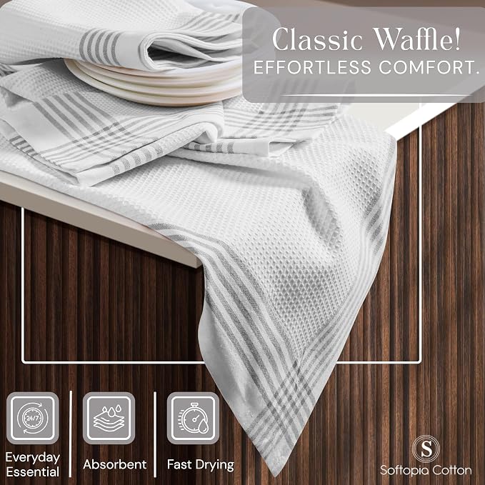 Waffle White & Grey Kitchen Towels 4 Pack, 100% Cotton, 16x26 inches, Quick Drying Dish Cloths, Absorbent Bar Mop Towels, Durable Kitchen Dishcloths Set for Daily Use