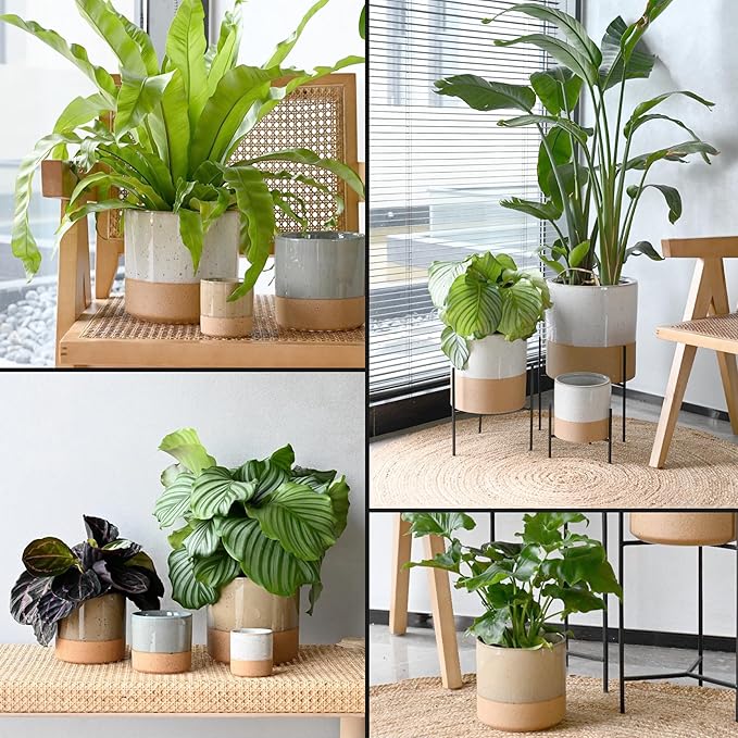 23 Bees Mid-Century Modern Ceramic Planter with Plant Stand Indoor Decorative Plant Pot with Stand in Earthy Beige and White Glaze, Black Metal Stand (Large 16 inch plant pot, Three sizes) (Medium)
