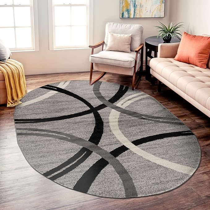 Rugshop Wavy Circles Design Oval Rug, Non-Shedding Carpet for Living Room, Dining Room, or Bedroom, Gray, 5' x 7' Oval