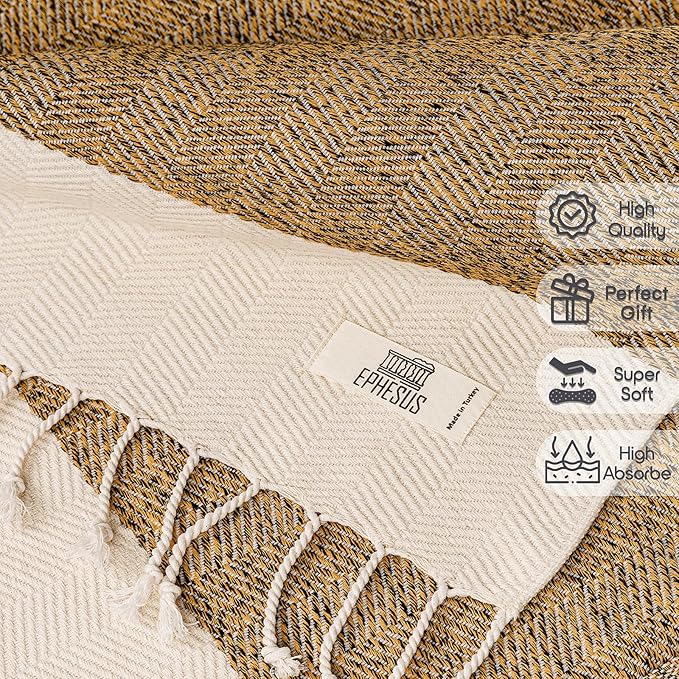 Hand Towels - Set of 2 | 18" x 30" - Decorative Turkish Hand Towel for Bathroom, Kitchen, Guest, Face, Hair, Tea, Dishcloth (Herringbone, Mustard)