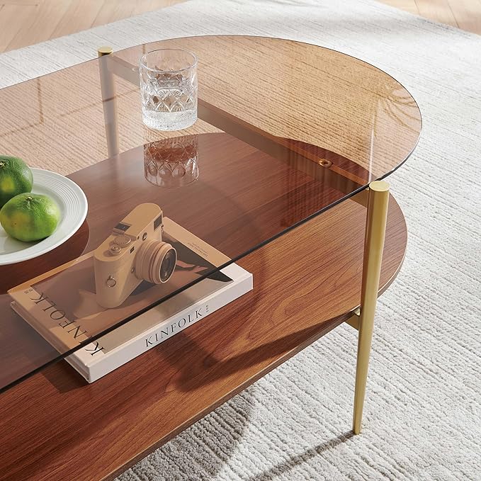 LumFurn X-Large Oval Glass Coffee Table, Mid-Century Modern Design, L47 x W24 x H17 inch, for Living Room, Amber Glass Top and Walnut Finish Wood Shelf, Conical Legs with Gold Finish Frame