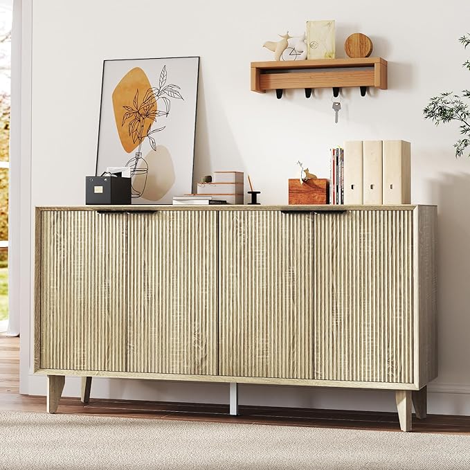 Fluted Cabinet with Storage, Buffet Storage with 4 Doors, Buffet Sideboard Accent Cabinet with Adjustable Shelves for Living Room, Kitchen, Entry, Hallway, Natural