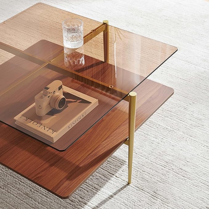 LumFurn Square Coffee Table, Mid-Century Modern Design, L30 x W30 x H17 Inch, for Living Room, 2-Tier Structure, Amber Glass Top and Walnut Wood Shelf, Sleek Conical Metal Legs with Gold Finish