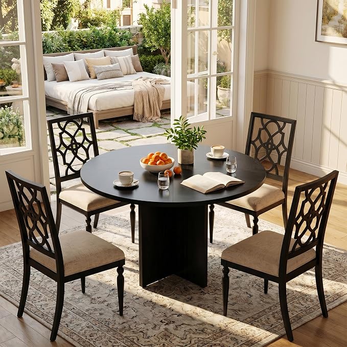 47 Inch Round Dining Table for 4-6 People, Rustic Circle Kitchen Table with X-Shaped Stable Pedestal, Dinner Table for Dining Room Kitchen Living Room, Black