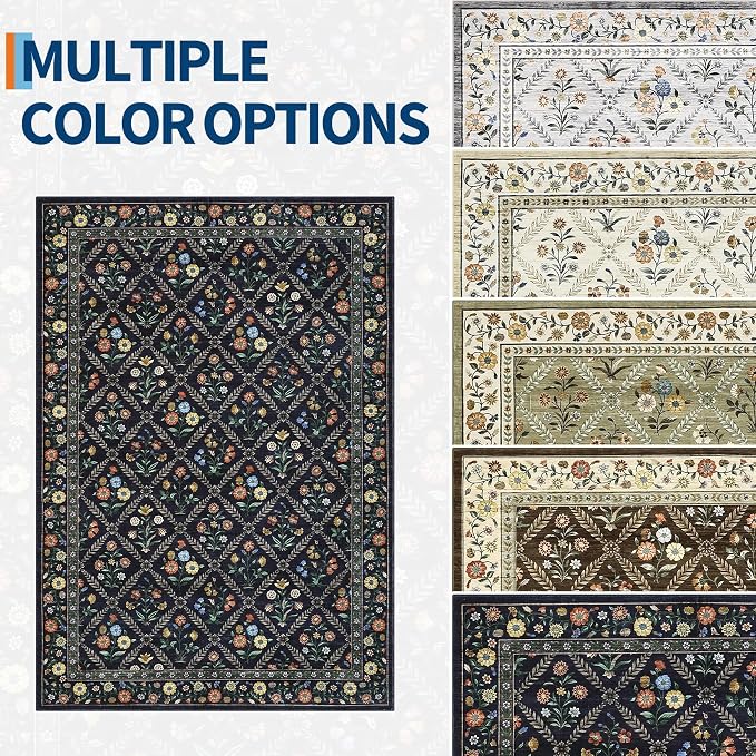 GarveeHome Floral 9x12 Area Rugs for Living Room Bedroom, Soft Washable Rugs 9x12 Stain Resistant, Ultra-Thin Non-Slip Dining Room Rug Non-Shedding Accent Carpet for Office Navy&Black