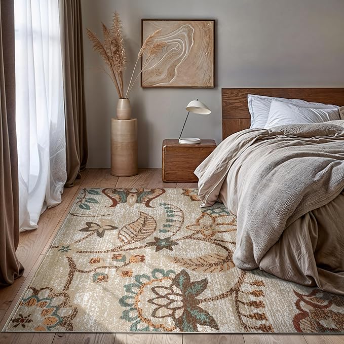 Rugshop Beige Floral Area Rug 5x7- Vintage Botanical Indoor Carpet for Living Room, Bedroom, or Dining Room – Non-Shedding, Soft Low-Pile Traditional Rug 5' x 7'