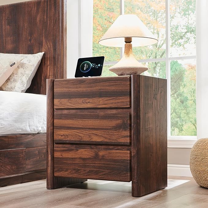 25" Tall Modern Nightstand Set of 2, 23.6" W Nightstand with Charging Station & 3 Storage Drawers & Open Shelf, Wood Night Stand w/Rounded Corner Design for Bedroom, Living Room (Brown)