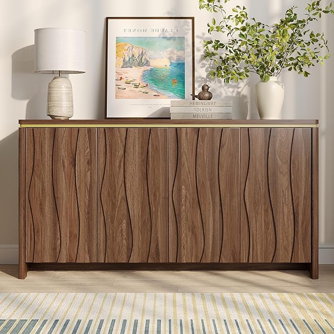 Vabches Fluted Buffet Cabinet with Storage, 3D Ripple Pattern Doors and Curved Edges, Modern Sideboard for Kitchen, Entryway, 4 Doors & Adjustable Shelf, Walnut Wood, 57.9" W
