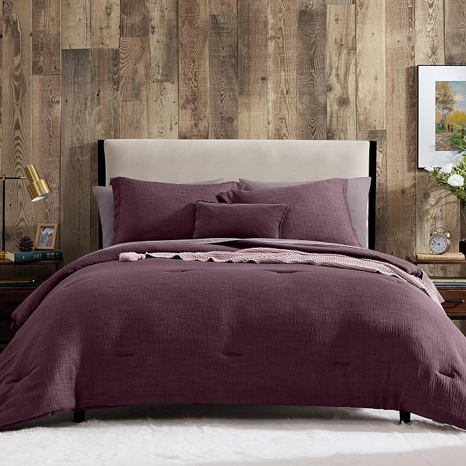 Geniospin Purple King Comforter Set - 7 Pieces Egglant Comforter King Size, Soft Solid Bedding Set for All Season, Textured Bed in a Bag with Sheets