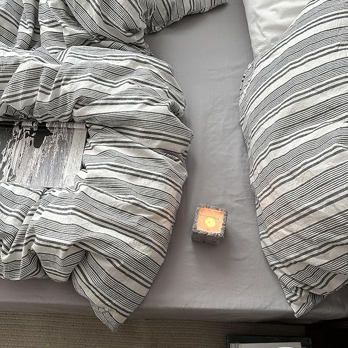 mixinni Vintage Gray & White Striped Duvet Cover Set - 3 Piece 100% Washed Cotton Full Size Bedding | Minimalist Gender-Neutral Design | Ultra-Soft Breathable, with Zipper Closure & Corner Ties