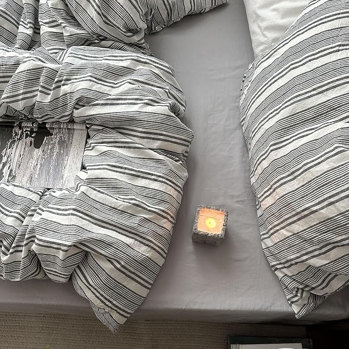 mixinni Vintage Gray & White Striped Duvet Cover Set - 3 Piece 100% Washed Cotton Twin XL Size Bedding | Minimalist Gender-Neutral Design | Ultra-Soft Breathable, with Zipper Closure & Corner Ties